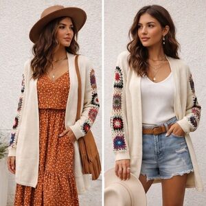 Cream Open-Front Sweater with Multicolor Crochet Accents